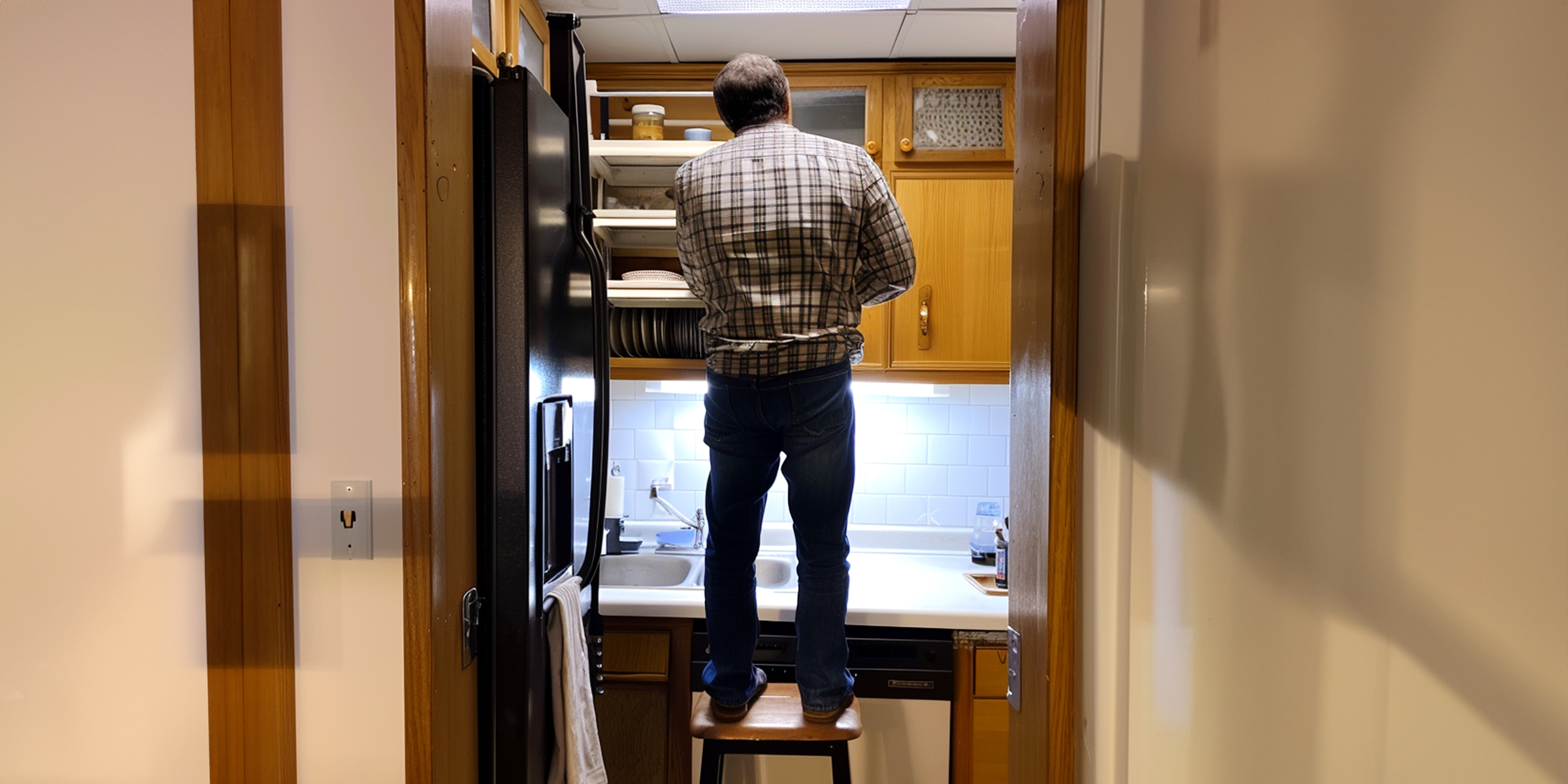 Un hombre de pie sobre una silla en la cocina | Fuente: AmoMama