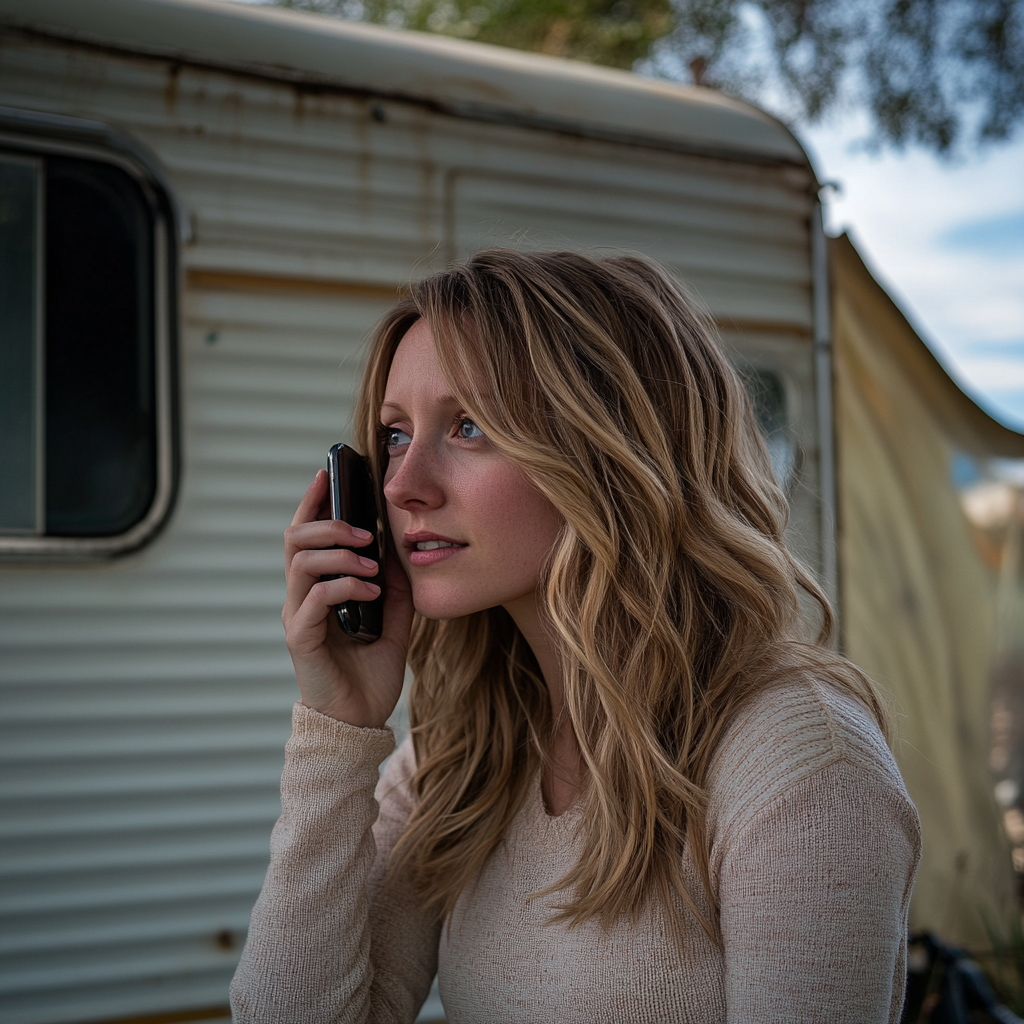 Una mujer hablando por teléfono en el exterior de un remolque | Fuente: Midjourney