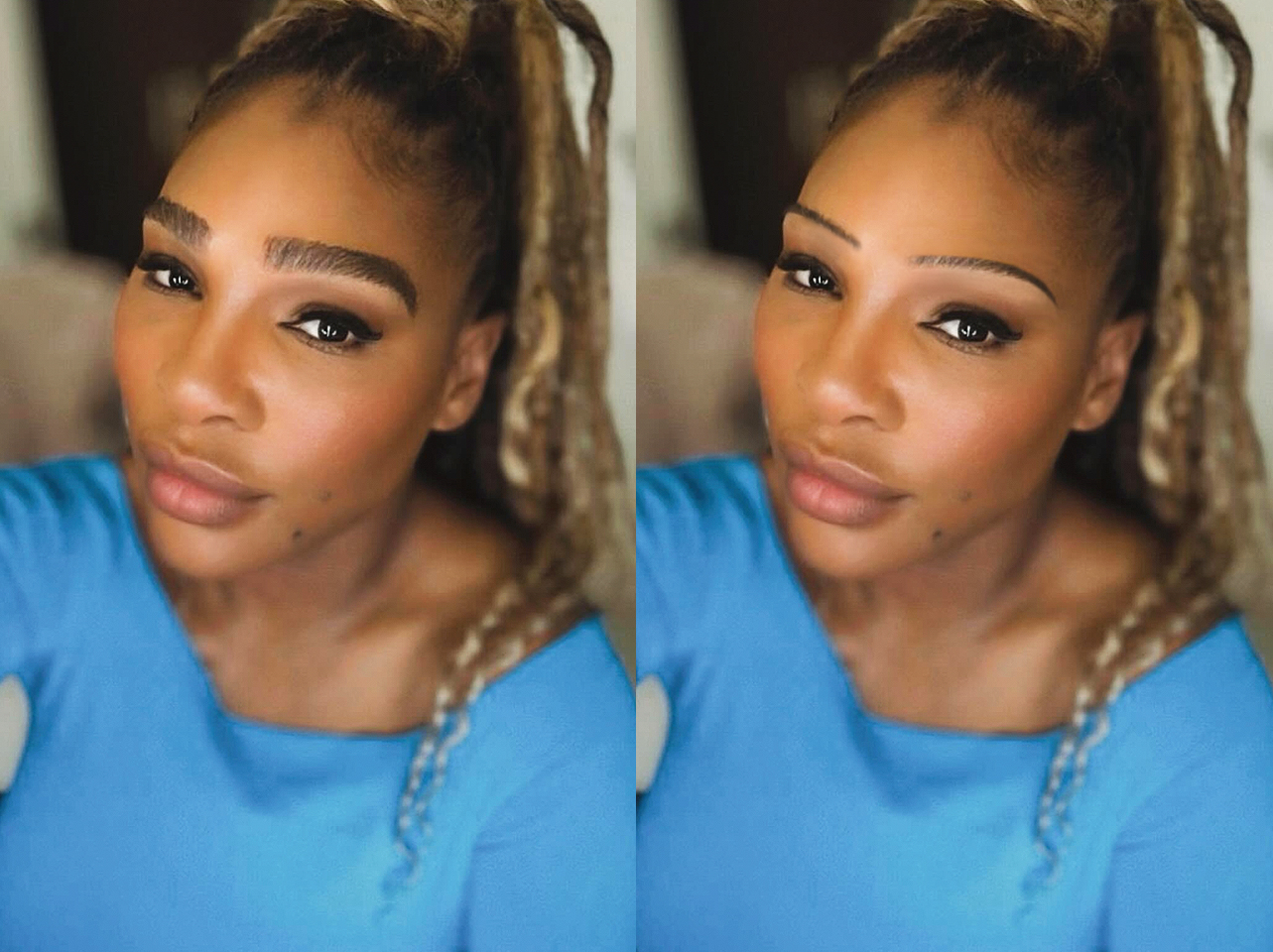 Las cejas características de Serena Williams de 2024 frente a un look de cejas finas editado digitalmente | Fuente: Instagram/serenawilliams