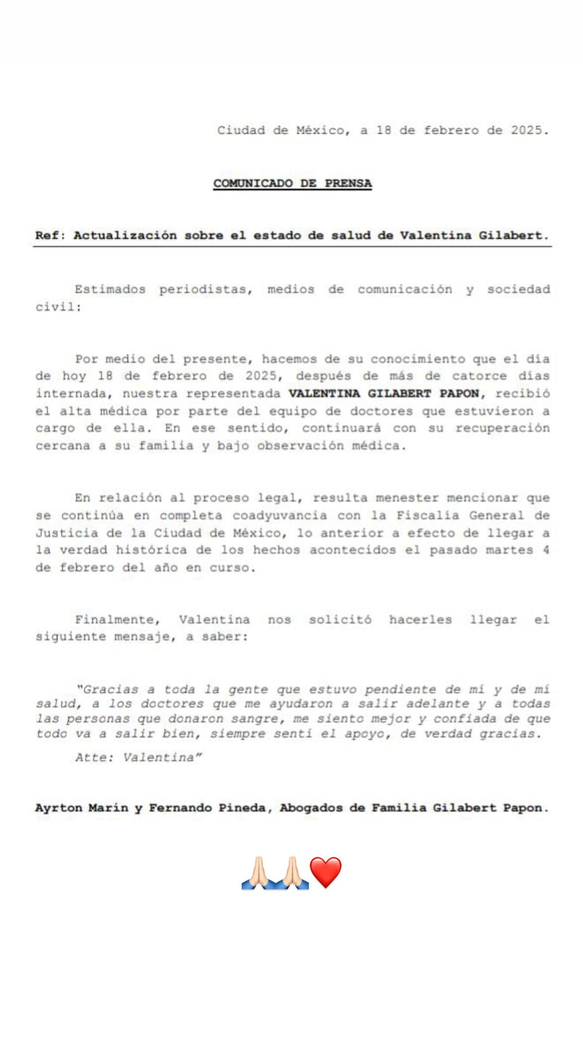 Mensaje de la familia de Valentina Gilabert en el que notifican que fue dada de alta del hospital | Fuente: Instagram Stories/chloe.gilabert