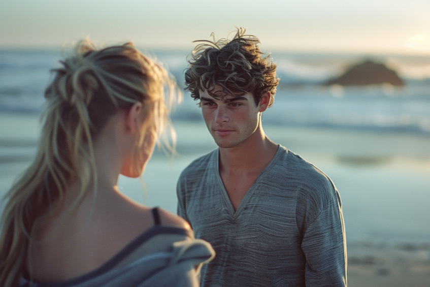 Un hombre hablando con una mujer en la playa | Fuente: Midjourney