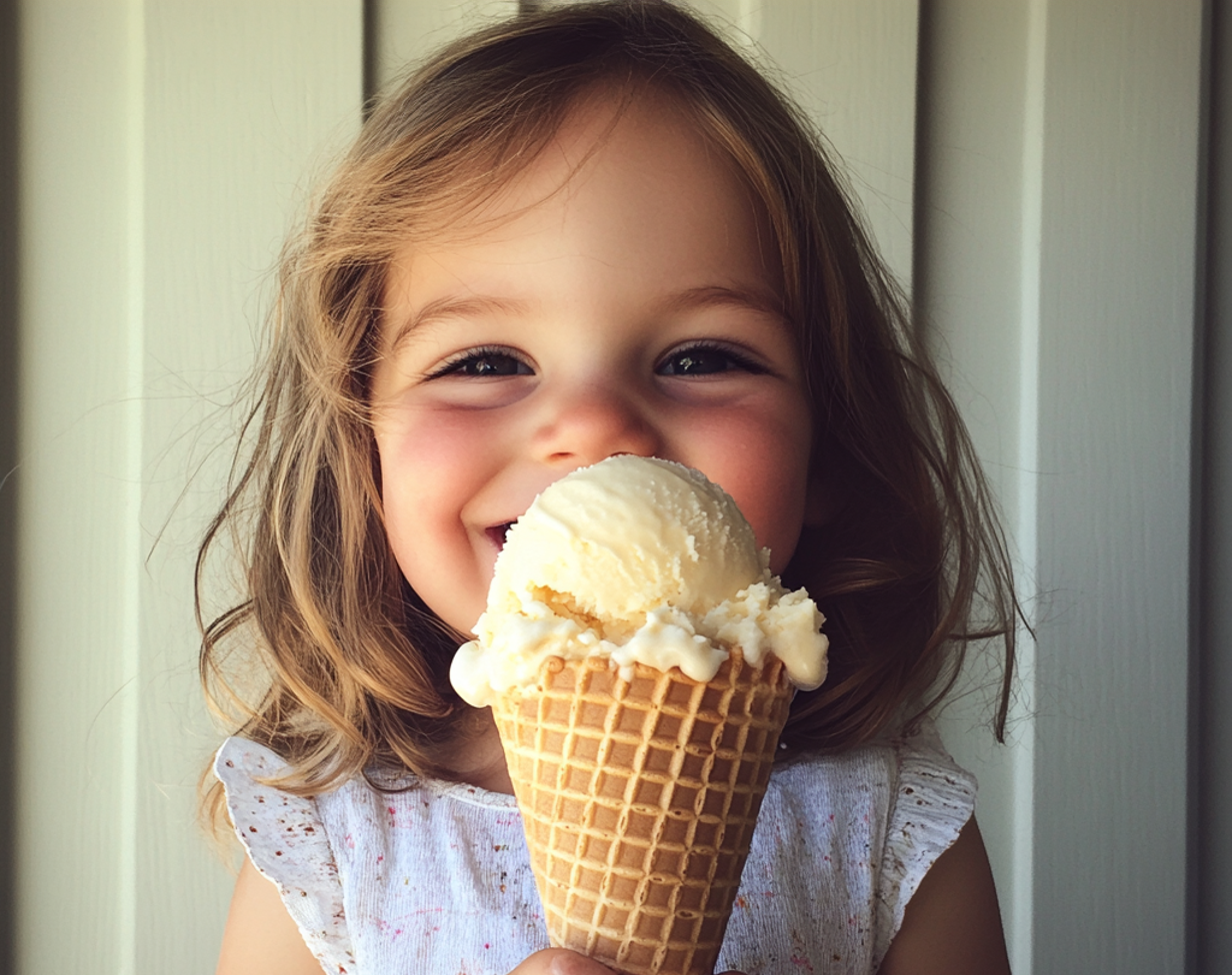 Una niña con una barquilla de helado en la mano | Fuente: Midjourney