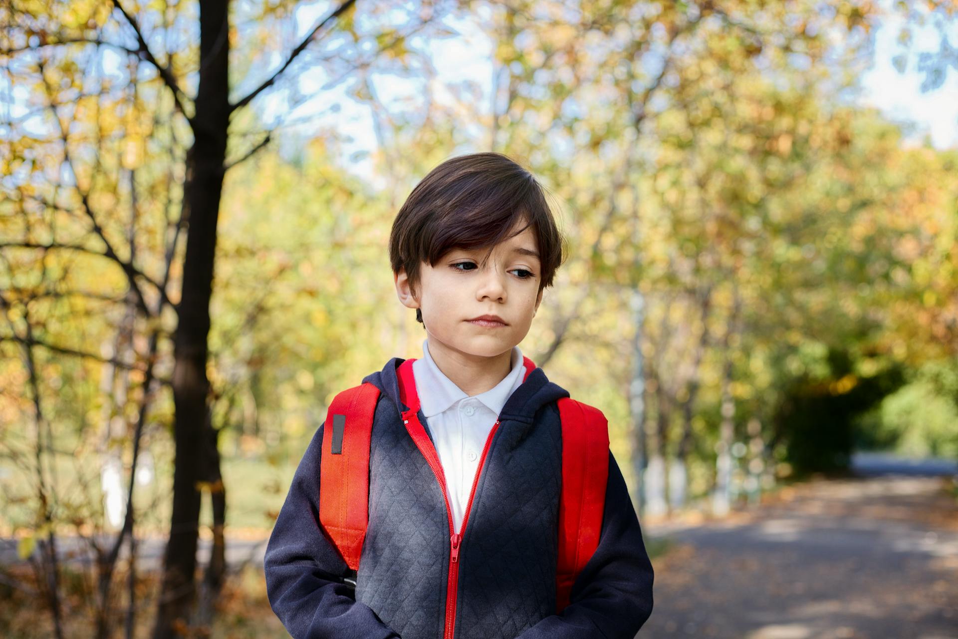 Un escolar de pie en un parque con aspecto triste y preocupado | Fuente: Pexels