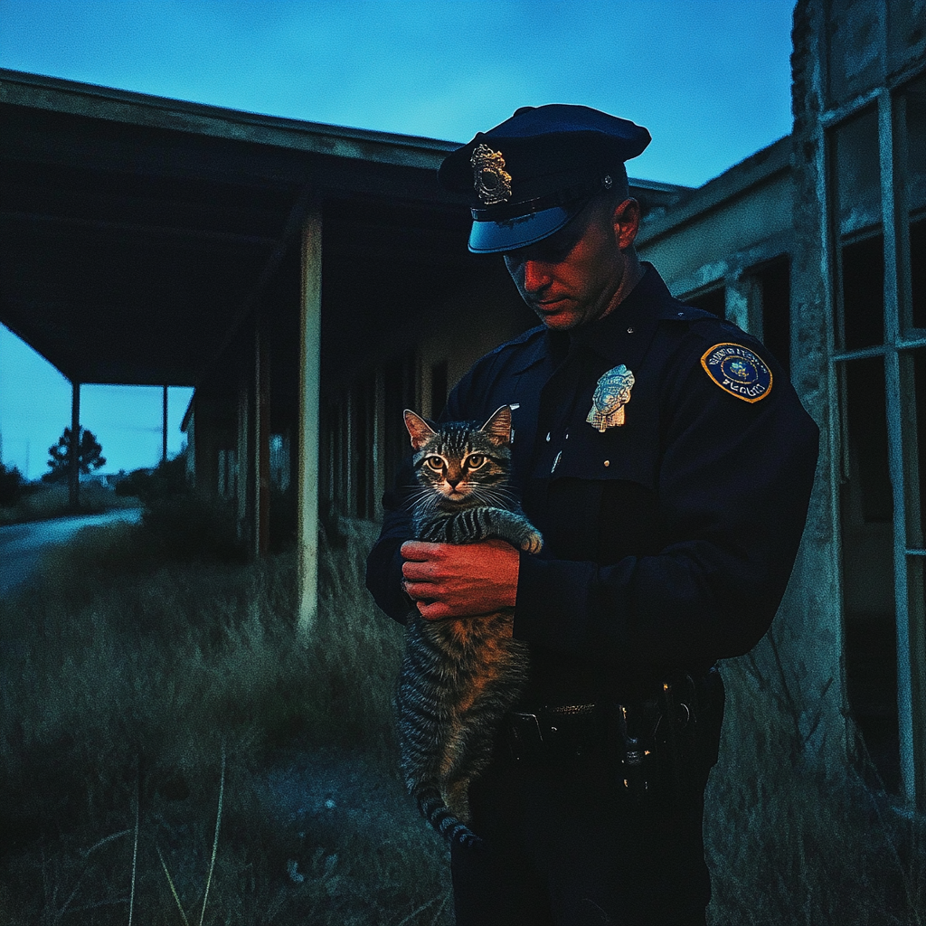 Un agente de policía sujetando a un gato | Fuente: Midjourney