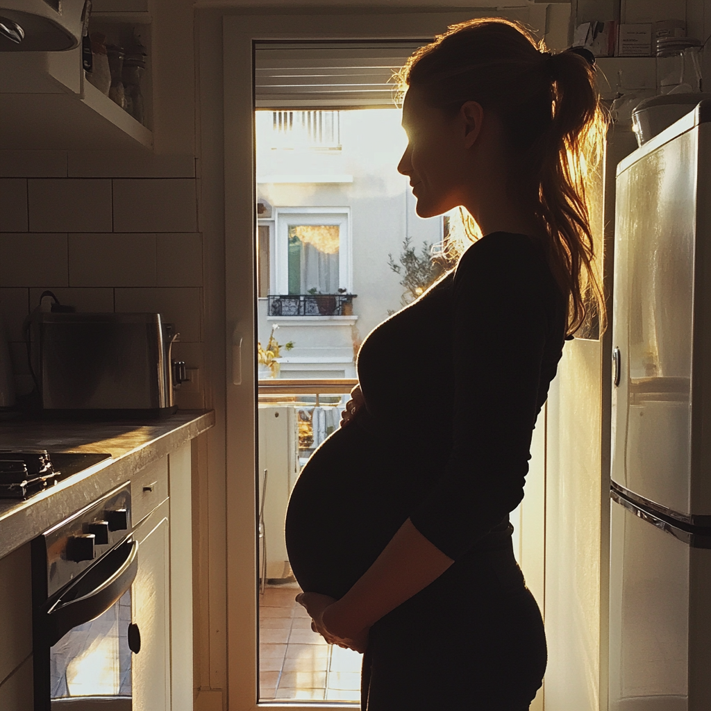 Una mujer embarazada de pie en la cocina | Fuente: Midjourney