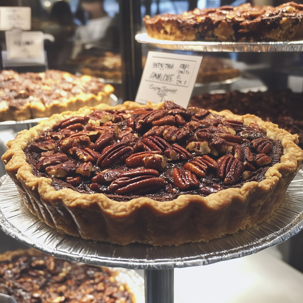 Una tarta de chocolate y nueces en el expositor de una panadería | Fuente: Midjourney