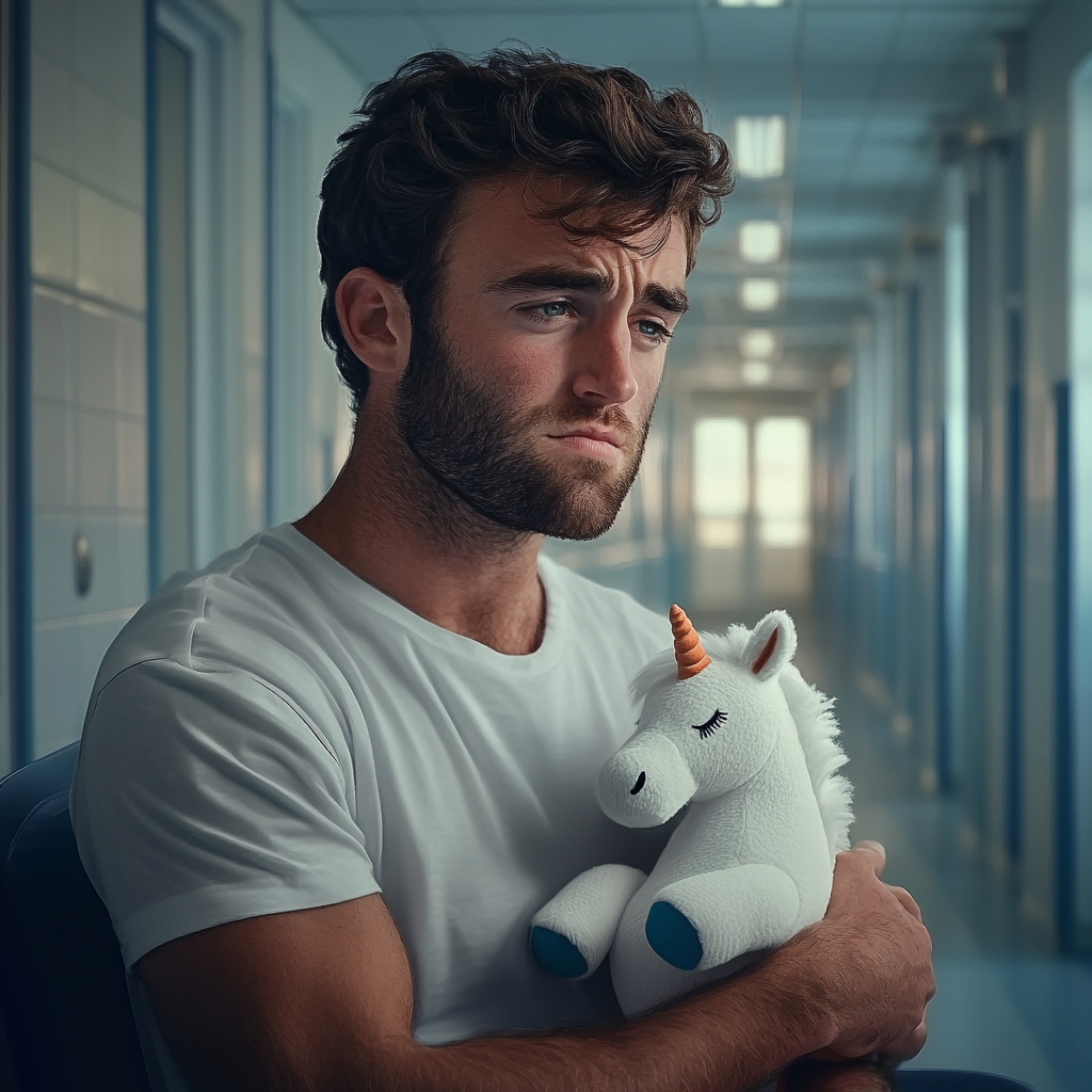 Un hombre triste con un peluche de unicornio en el pasillo de un hospital | Fuente: Midjourney