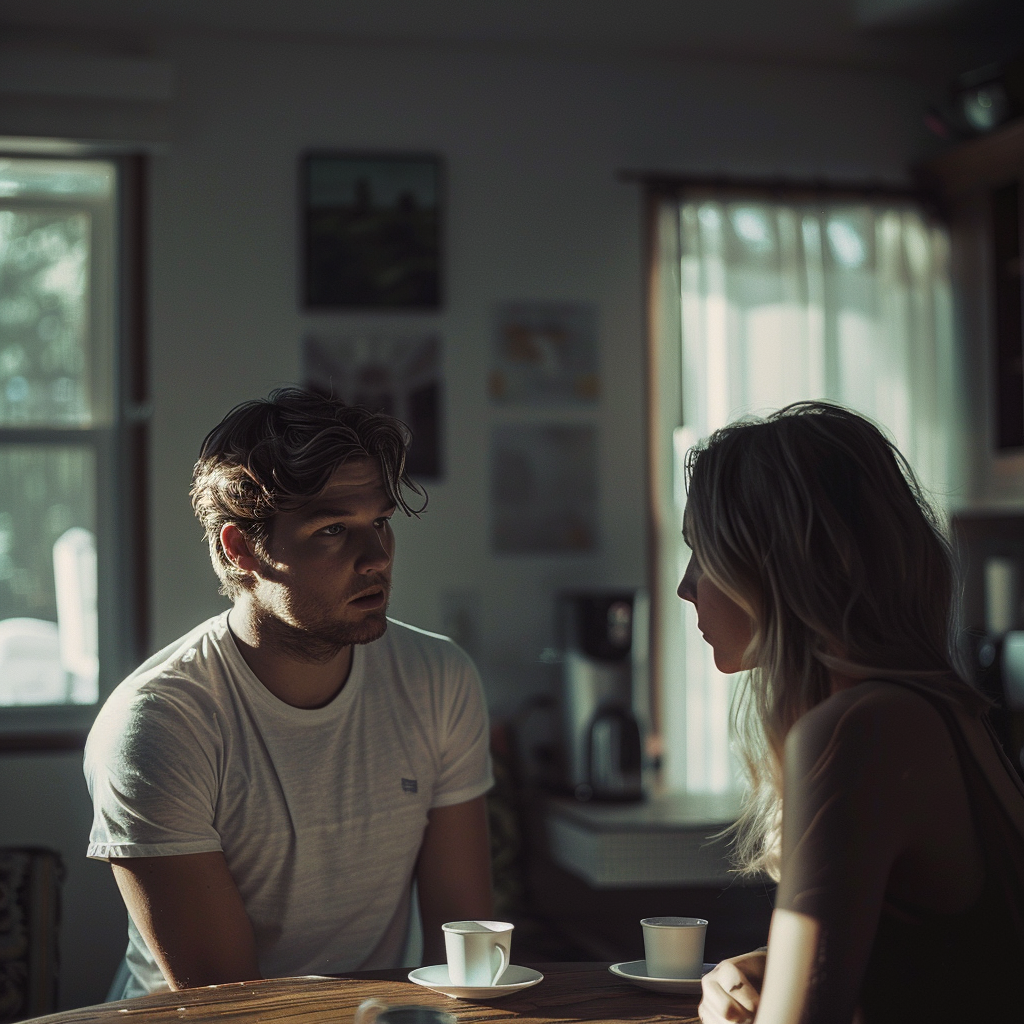 Una pareja sentada a la mesa de la cocina | Fuente: Midjourney