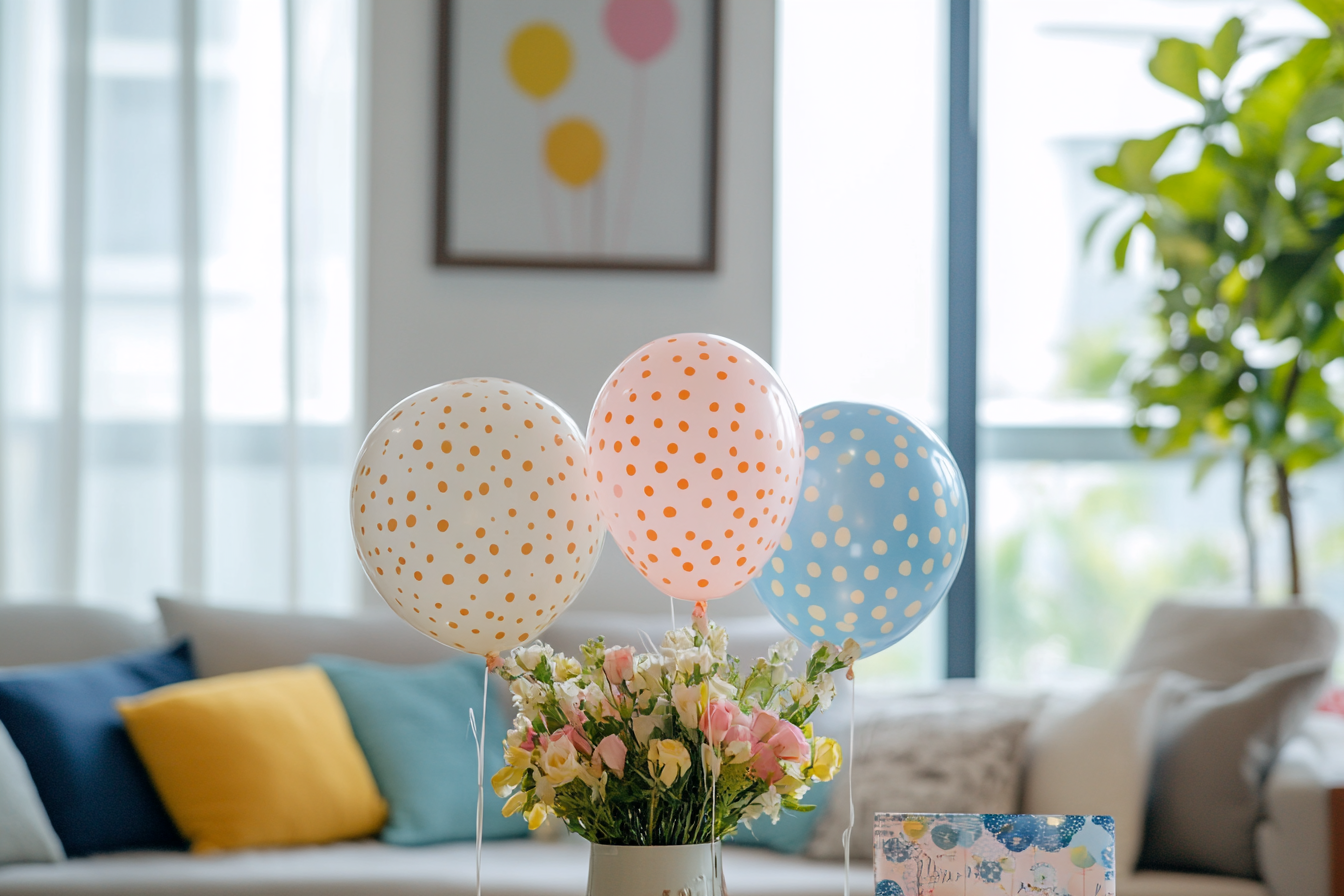 Globos y flores en un salón | Fuente: Midjourney