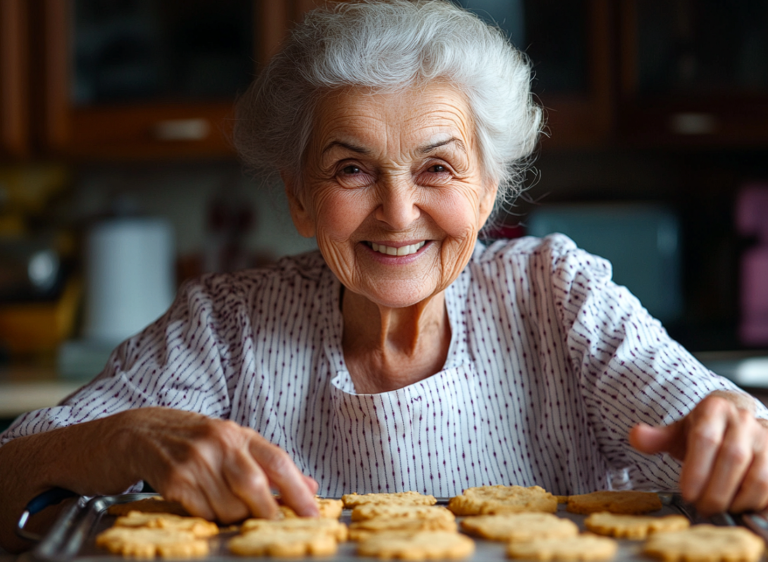 Una anciana empaquetando galletas | Fuente: Midjourney