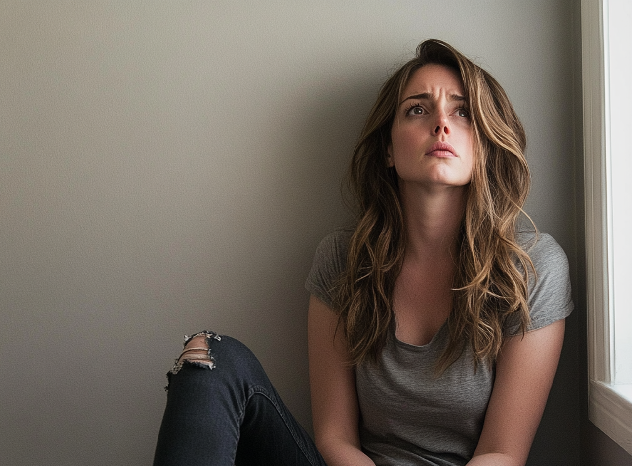 Una mujer emocionada apoyada en una pared | Fuente: Midjourney