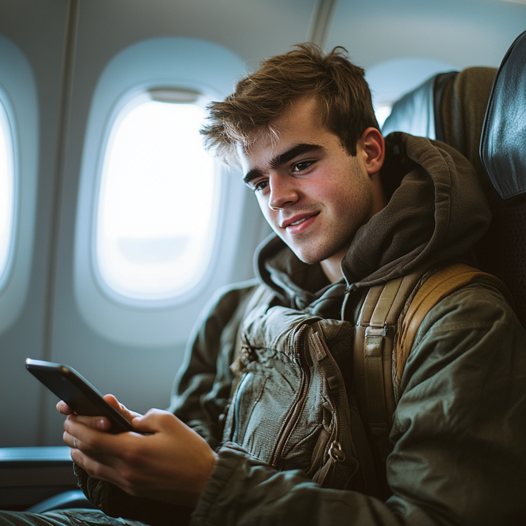 Un hombre feliz enviando mensajes de texto durante un vuelo | Fuente: Midjourney