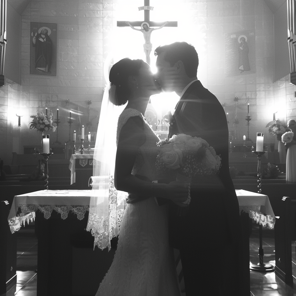 Una pareja besándose en el altar | Fuente: Midjourney