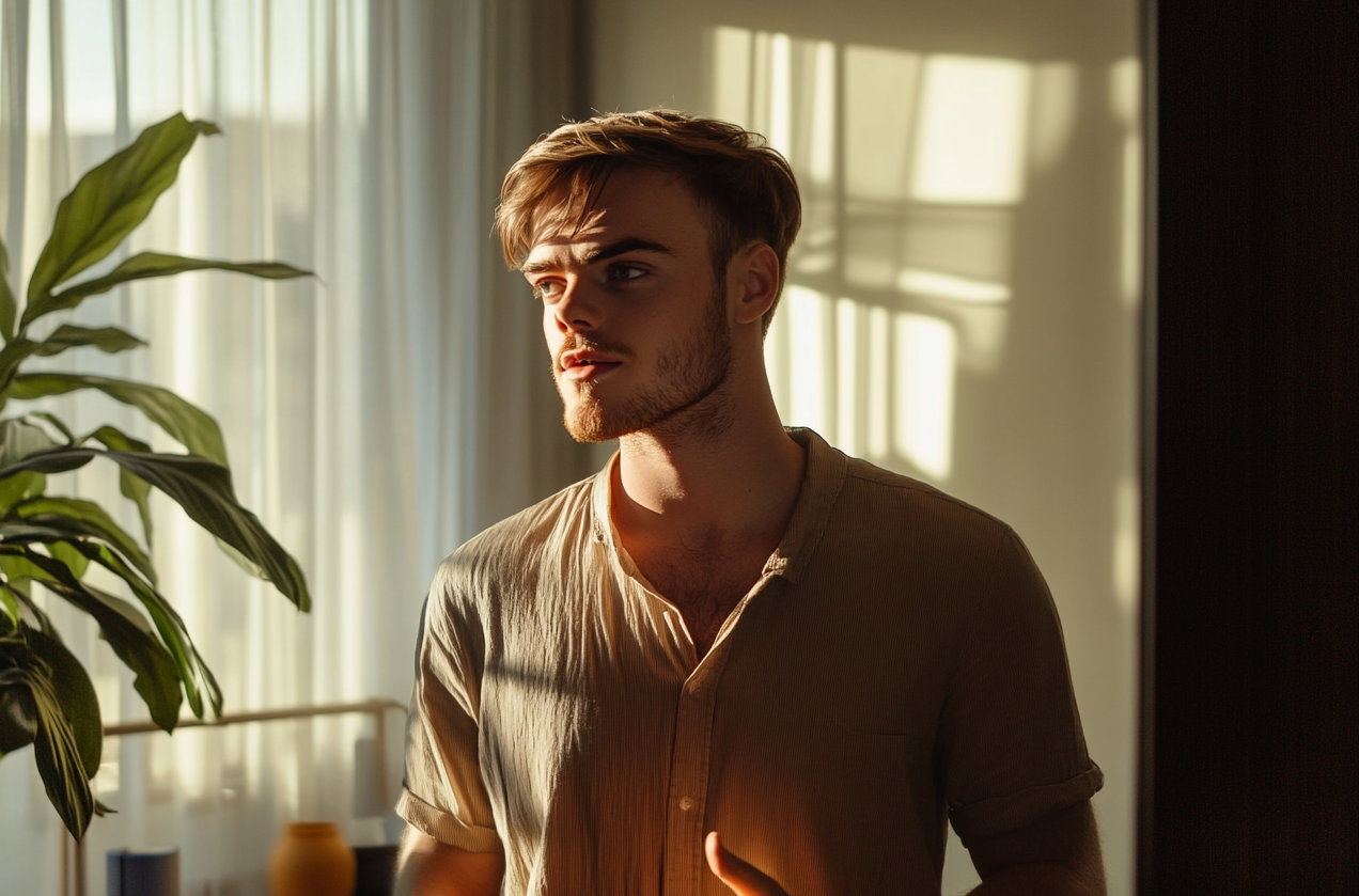 Un hombre en su salón | Fuente: Midjourney