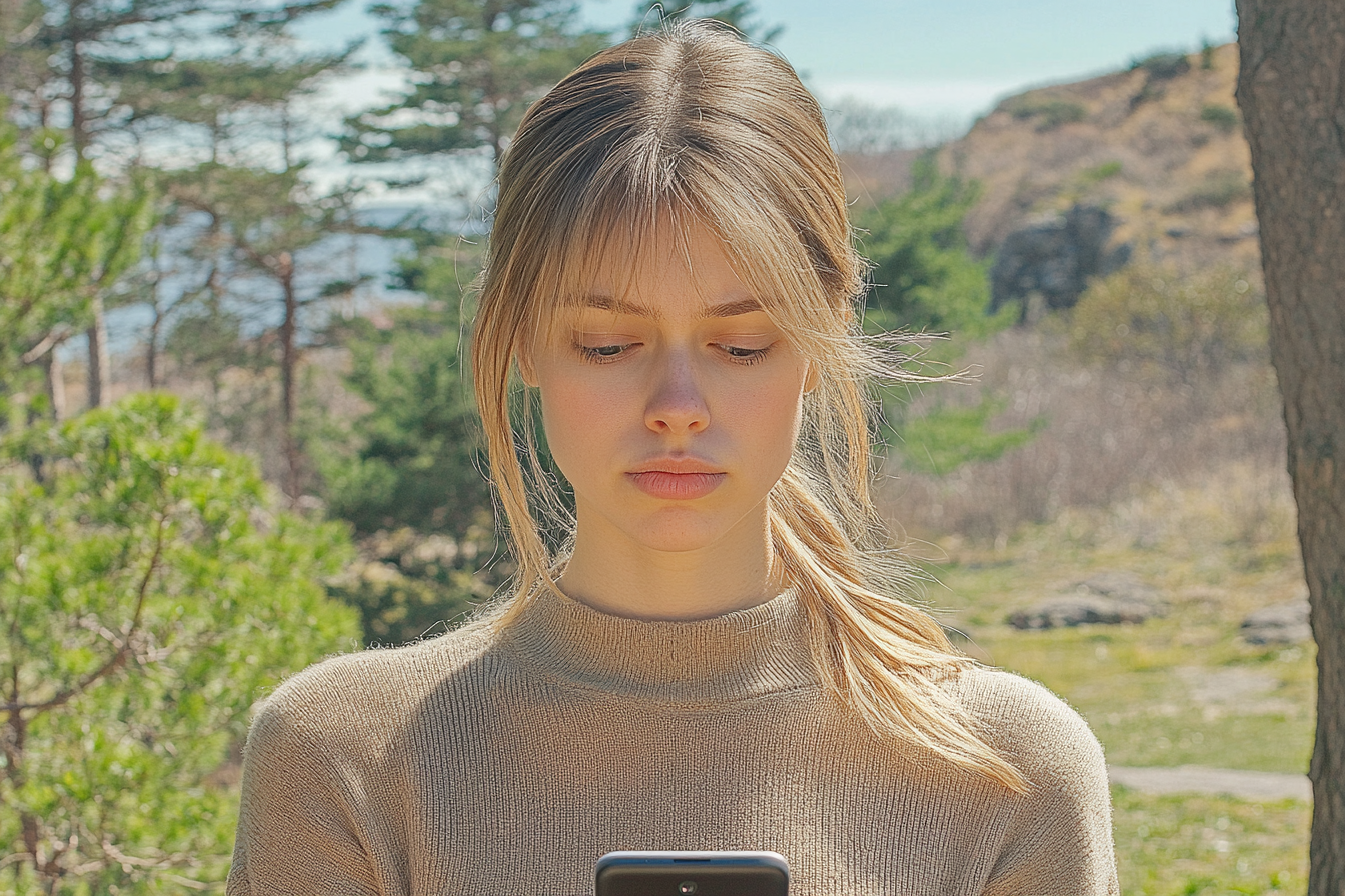 Una mujer con un teléfono móvil en la mano | Fuente: Midjourney