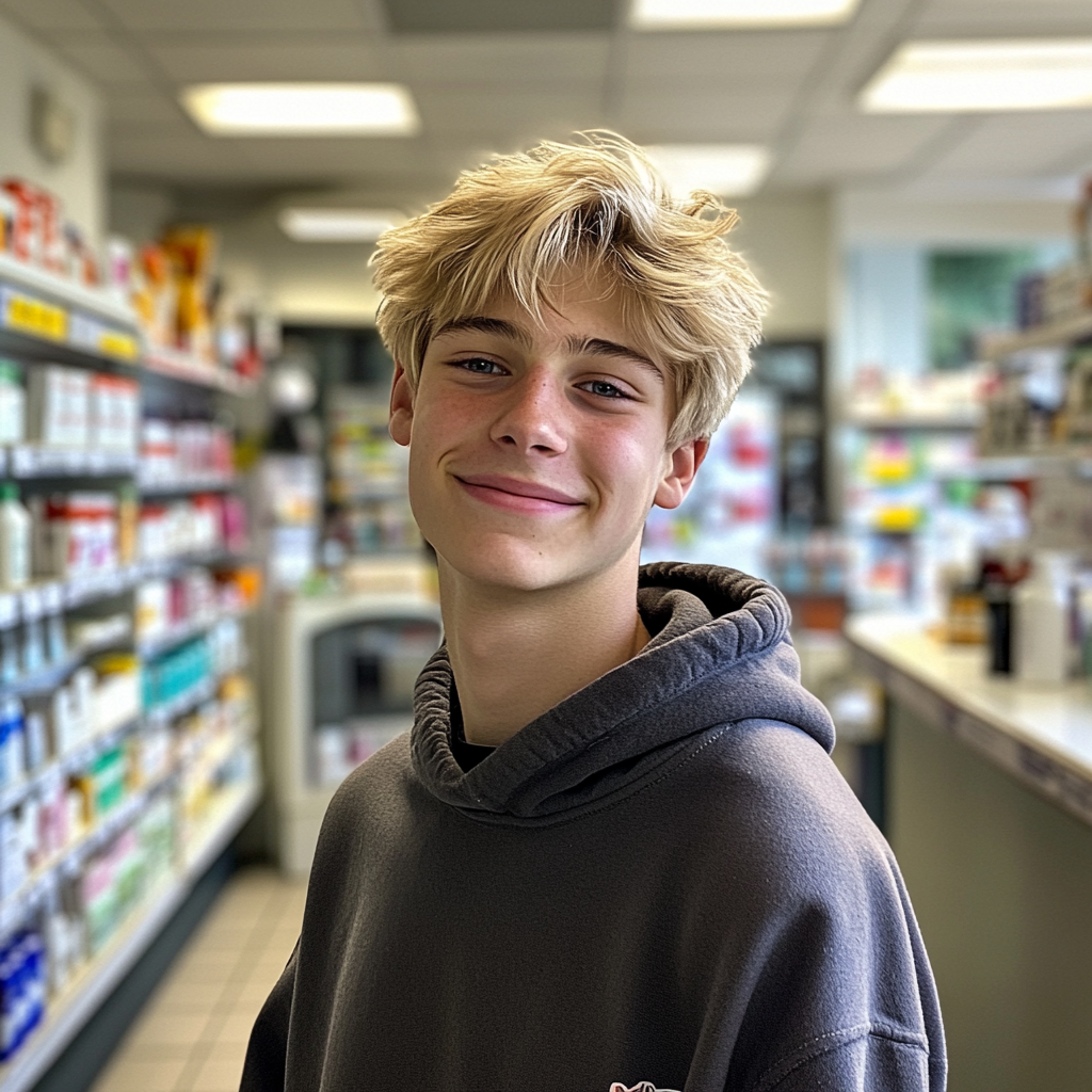 Un adolescente engreído en una farmacia | Fuente: Midjourney