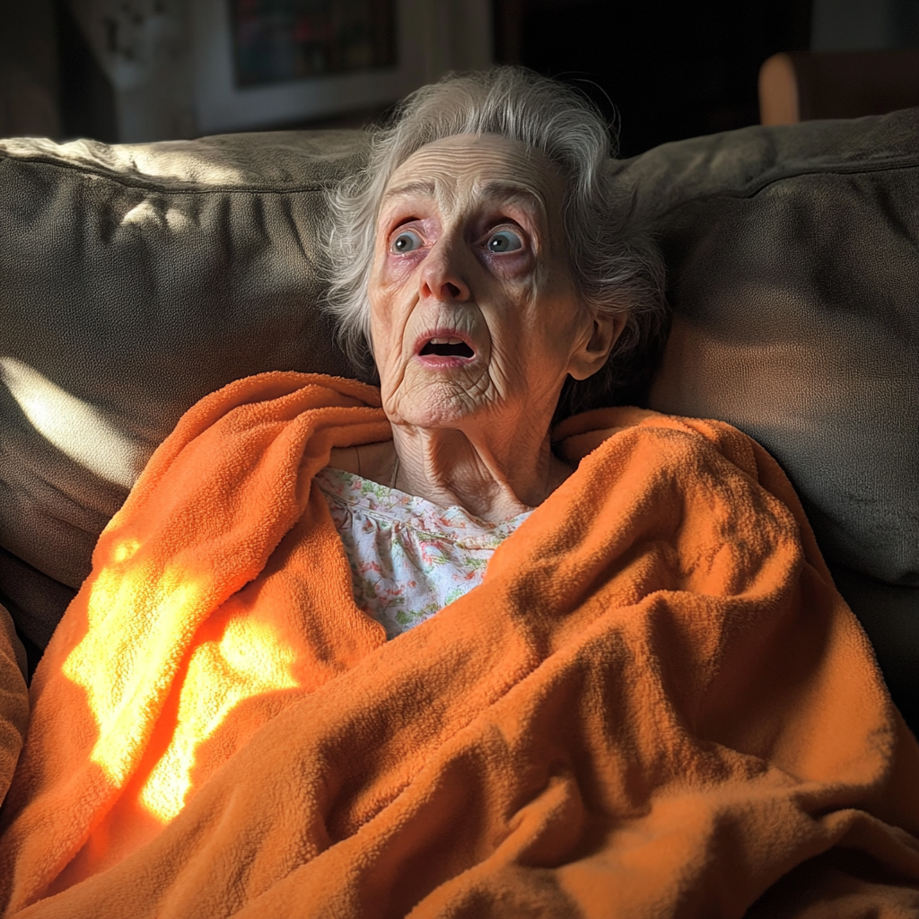 Una anciana sorprendida envuelta en una manta naranja | Fuente: Midjourney