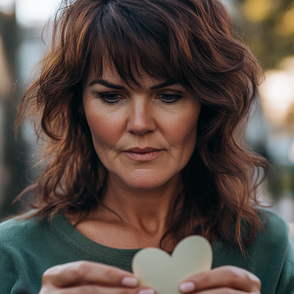 Una mujer sosteniendo un corazón de papel | Fuente: Midjourney