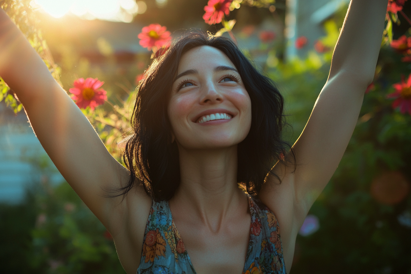 Una mujer feliz con los brazos en alto en un jardín | Fuente: Midjourney