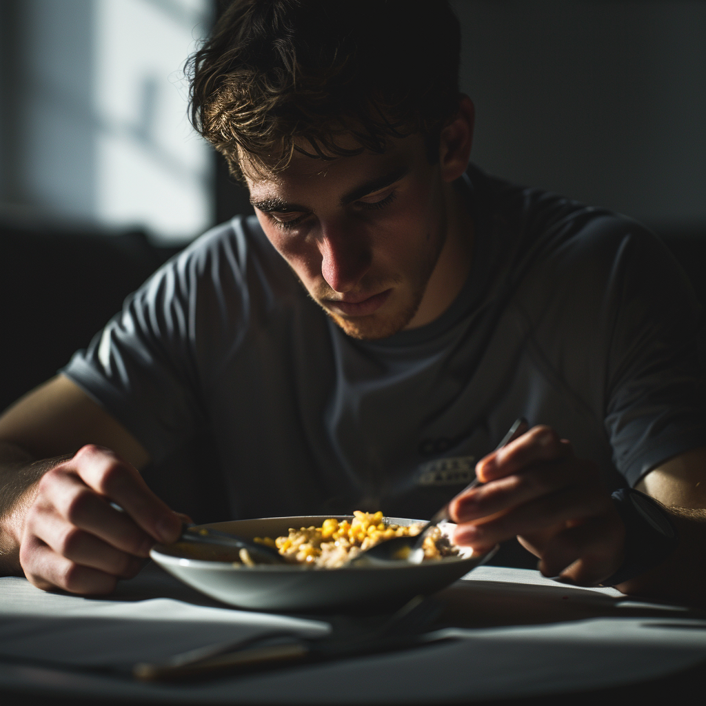 Un hombre comiendo en la mesa | Fuente: Midjourney