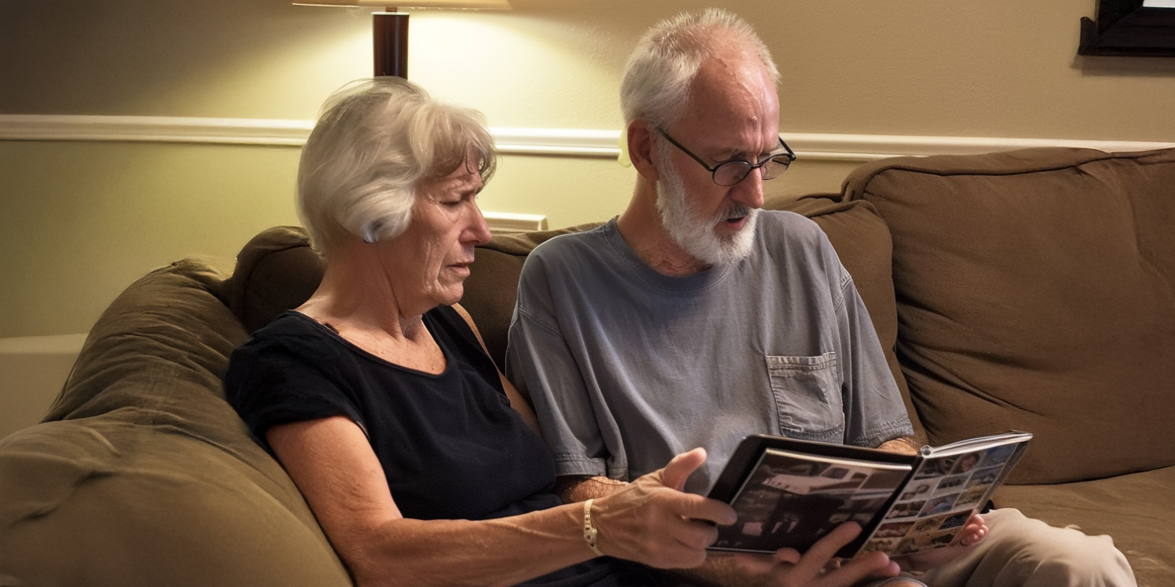 Una pareja mirando un álbum de fotos | Fuente: Midjourney