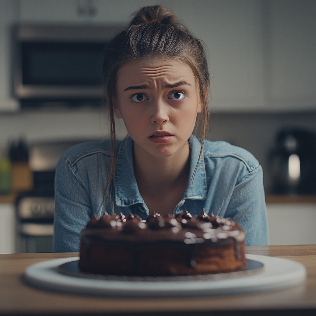 Una chica triste mirando el Pastel | Fuente: Midjourney