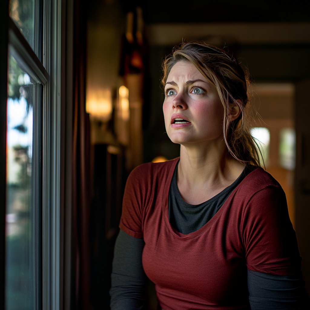 Una mujer se horroriza mientras mira por la ventana de su habitación | Fuente: Midjourney