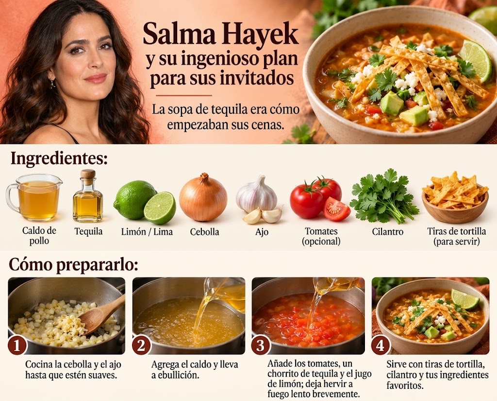 Esta receta ilustrada te enseña a preparar una sopa calentita y sabrosa con caldo de pollo, lima y un chorrito de tequila. Las cebollas, el ajo, los tomates y los ingredientes frescos para decorar le dan un toque diferente a la receta original de tres ingredientes de Salma Hayek. | Fuente: Ilustración generada por IA.