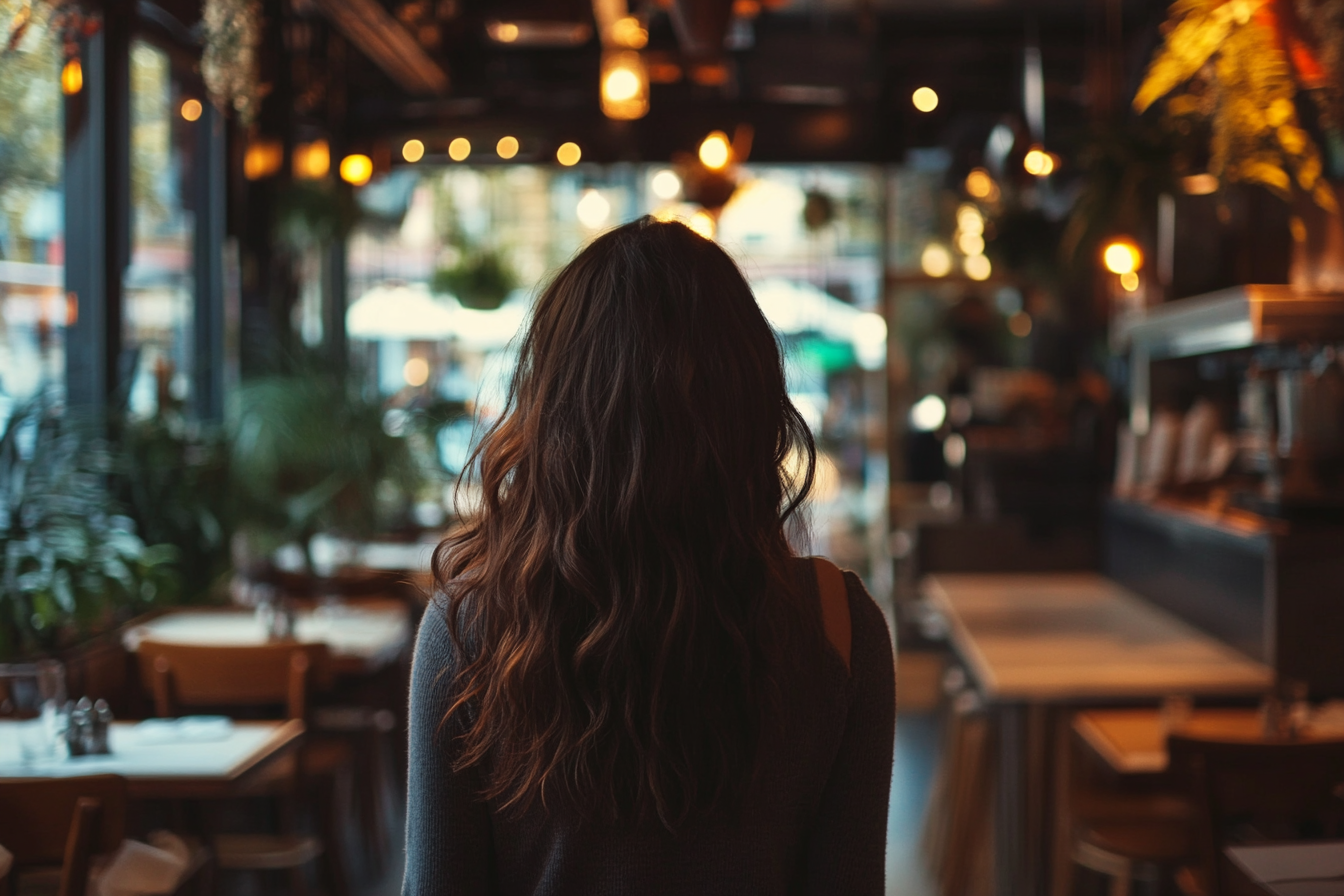 Una mujer caminando en un restaurante | Fuente: Midjourney