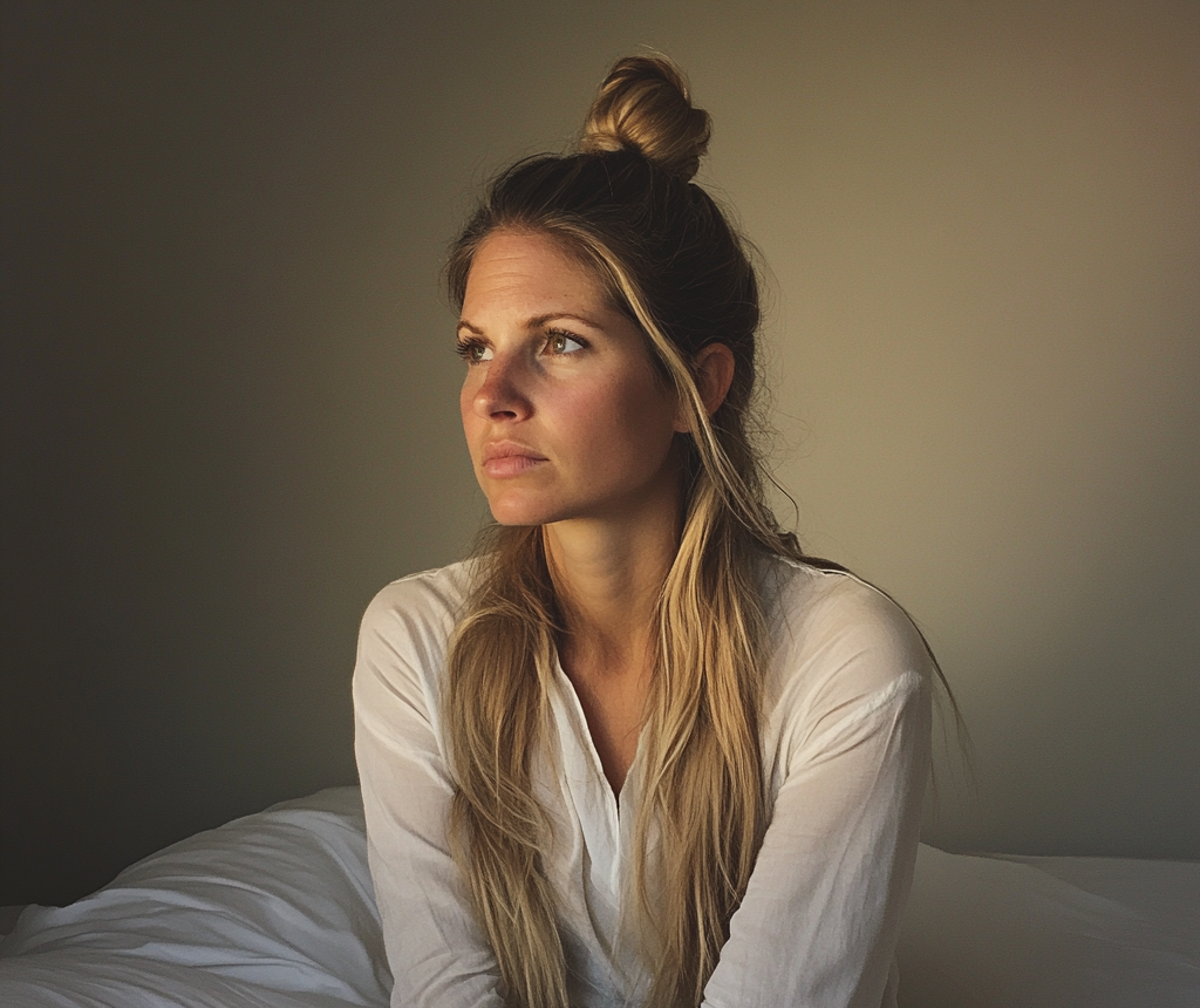 Una mujer sentada en su cama | Fuente: Midjourney