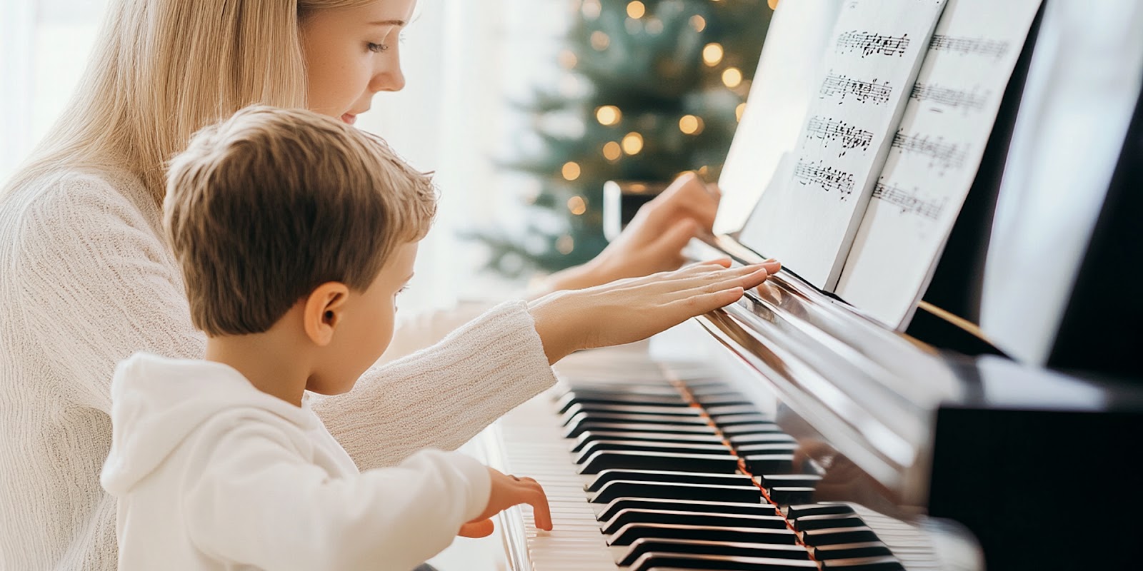 Profesora enseñando piano a un niño | Fuente: Midjourney