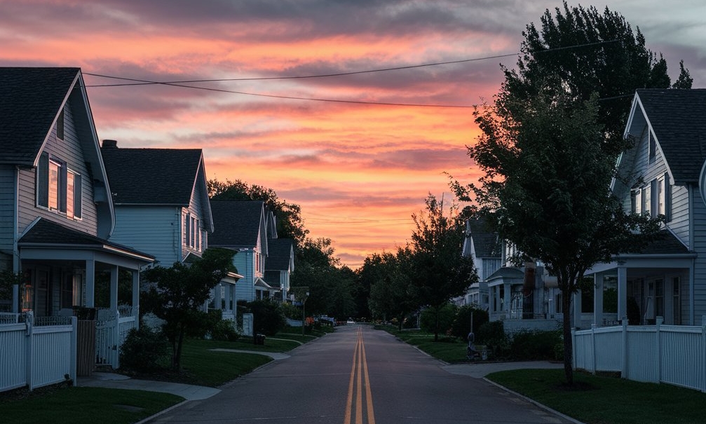 Una tranquila calle suburbana al atardecer | Fuente: Midjourney