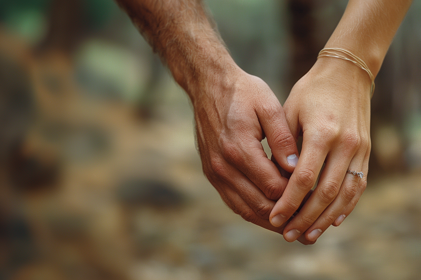 Un primer plano de la pareja cogida de la mano | Fuente: Midjourney