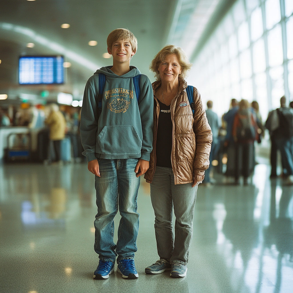 Un adolescente feliz con su madre en el aeropuerto | Fuente: Midjourney