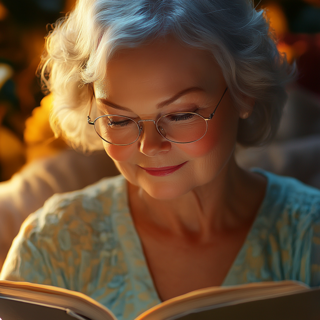 Una mujer mayor sonriente leyendo un libro | Fuente: Midjourney