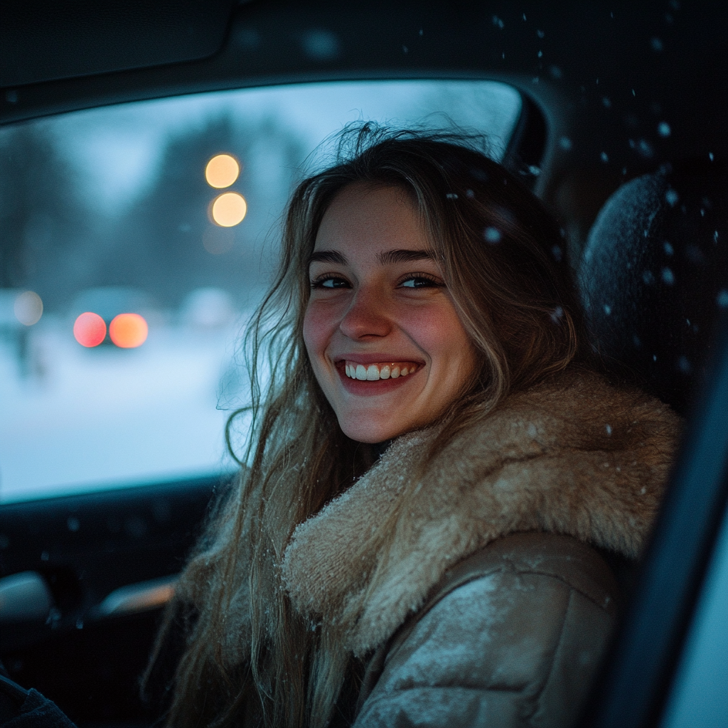 Una mujer sonriente en un automóvil | Fuente: Midjourney