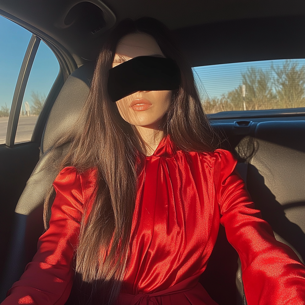 Una mujer sentada en un automóvil con una venda negra en los ojos | Fuente: Midjourney