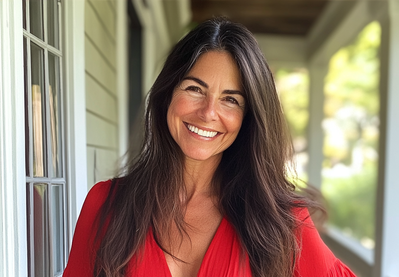 Una mujer sonriente con un vestido rojo | Fuente: Midjourney