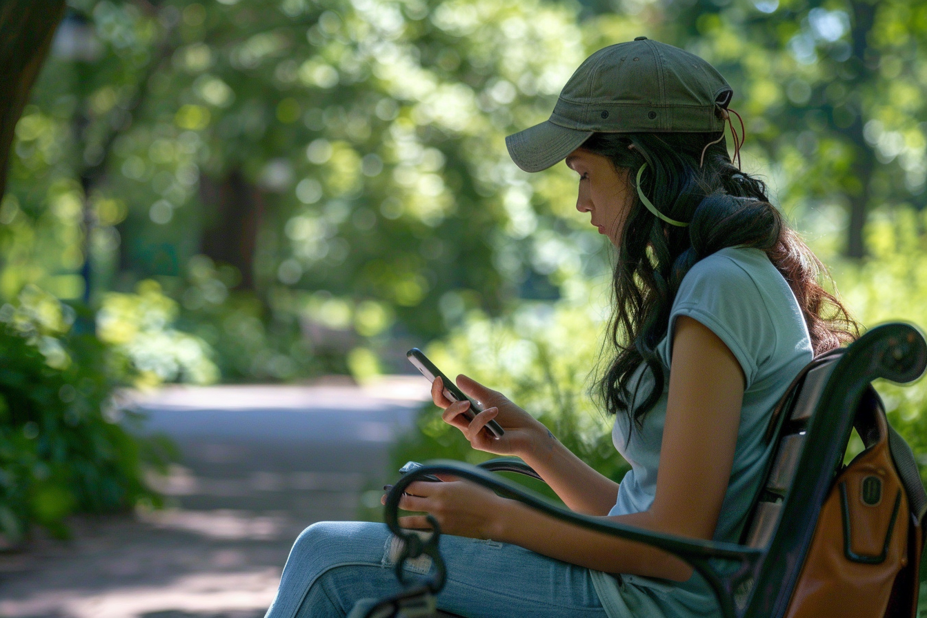 Mujer con su teléfono en un parque | Fuente: Midjourney