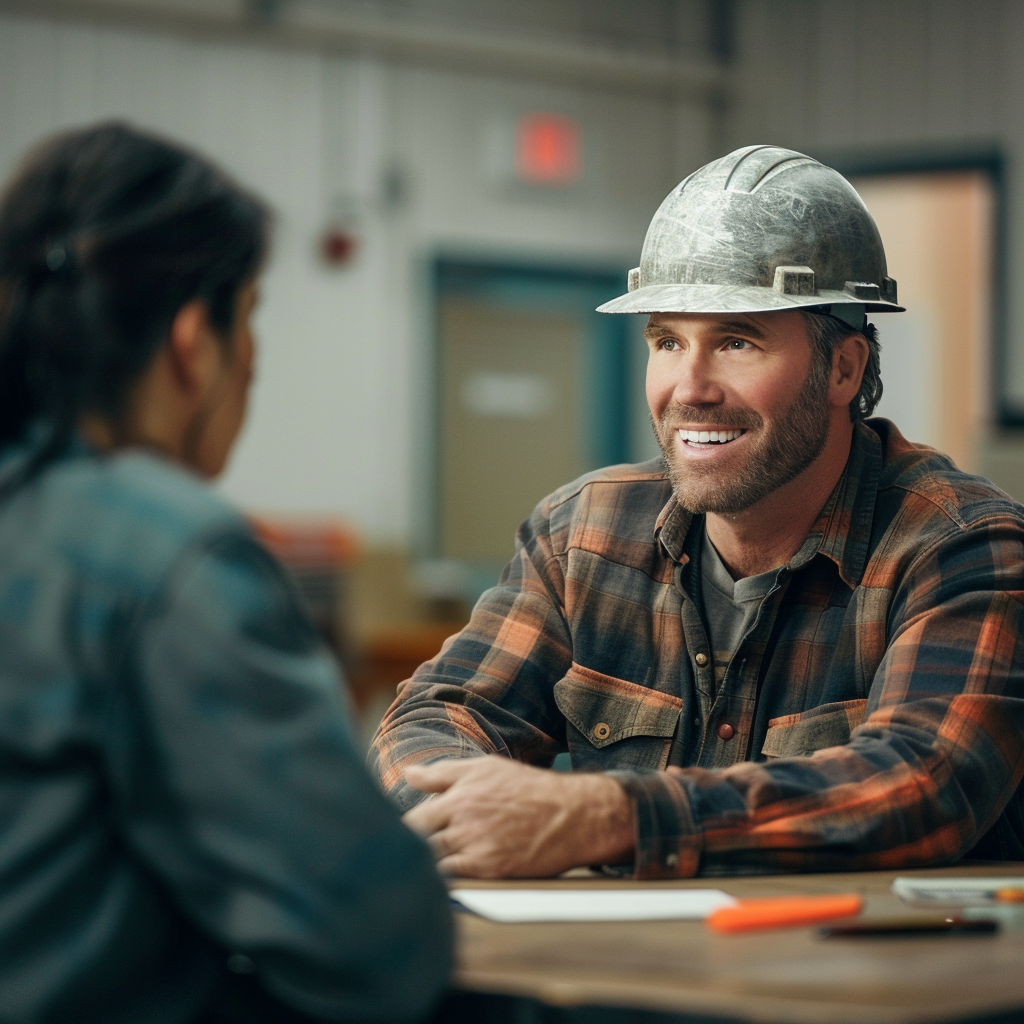 Un obrero de la construcción feliz hablando con una mujer | Fuente: Midjourney