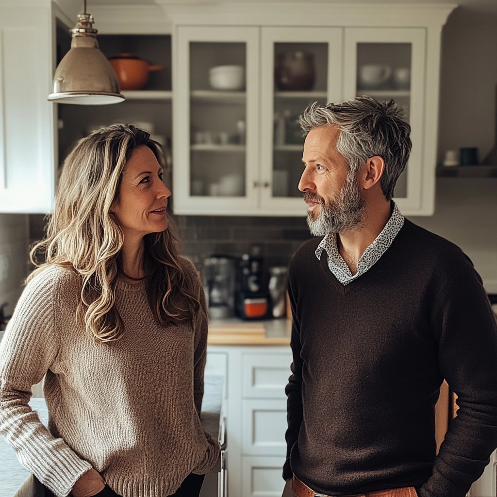 Una pareja de pie y hablando en la cocina | Fuente: Midjourney