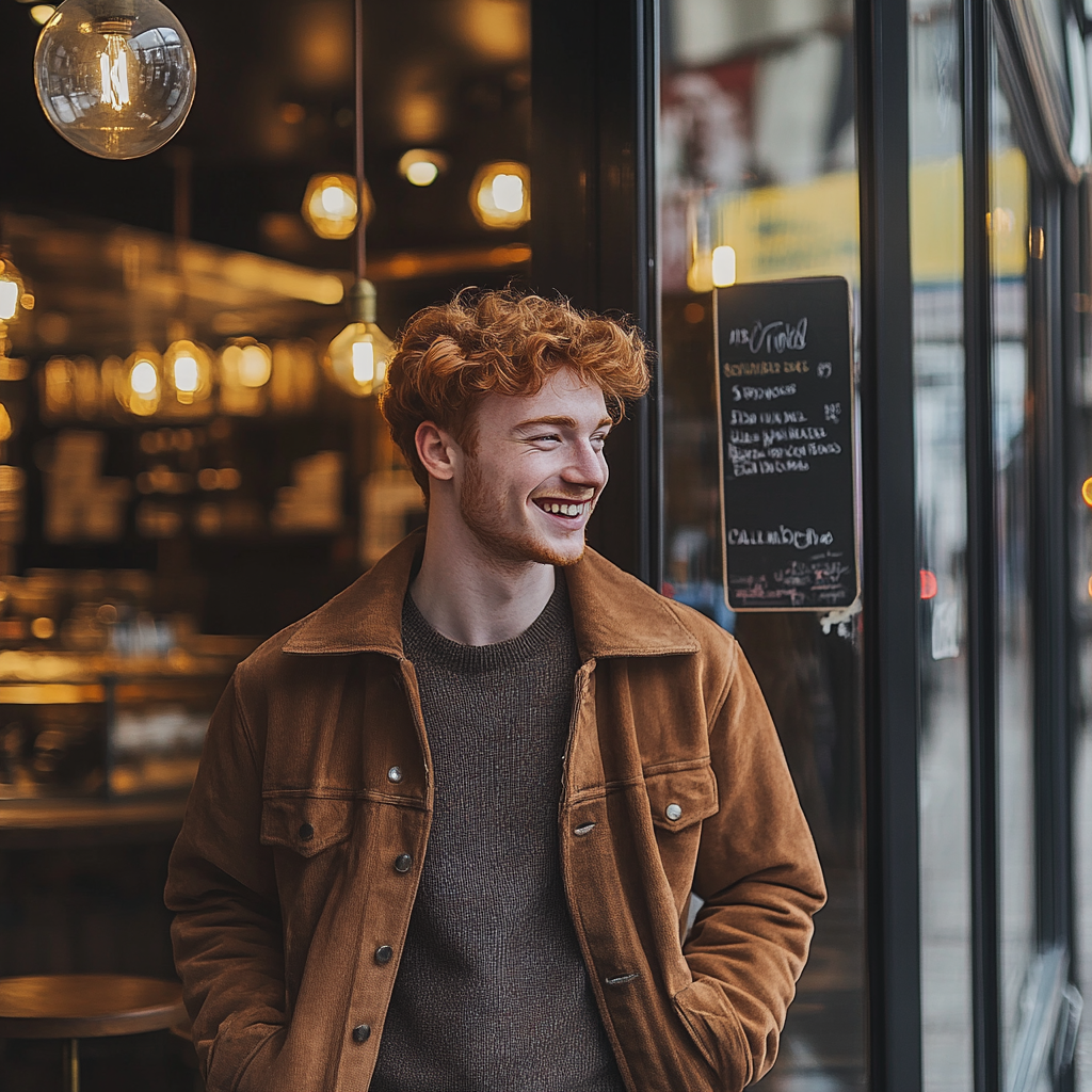 Un pelirrojo feliz entrando en una cafetería | Fuente: Midjourney