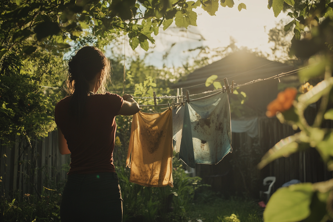 Mujer colgando ropa manchada | Fuente: Midjourney