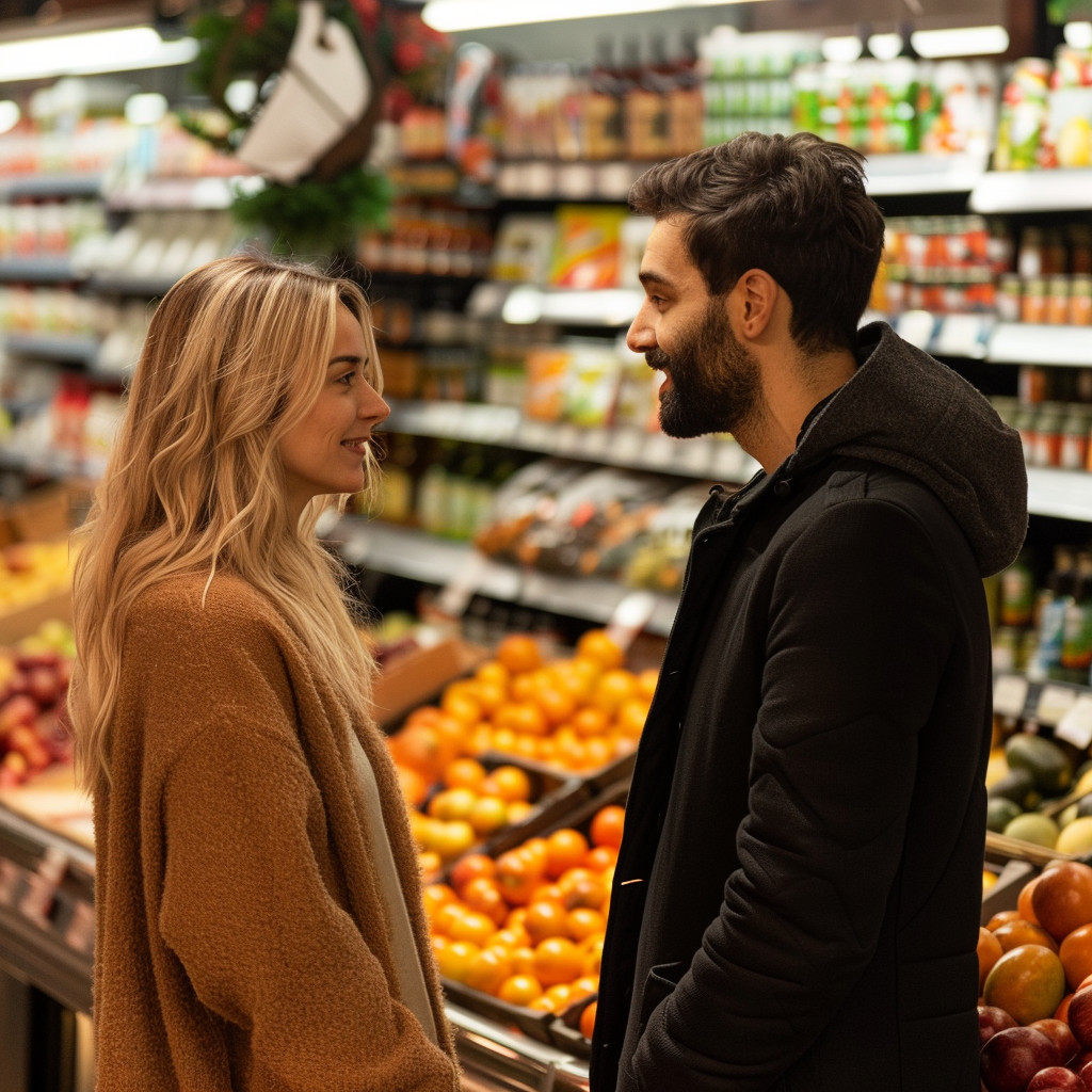 La pareja charlando en el supermercado | Fuente: Midjourney