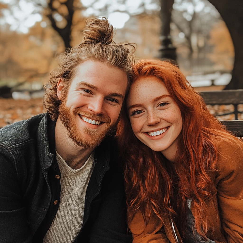Una pareja sonriente sentada en un banco del parque | Fuente: Midjourney