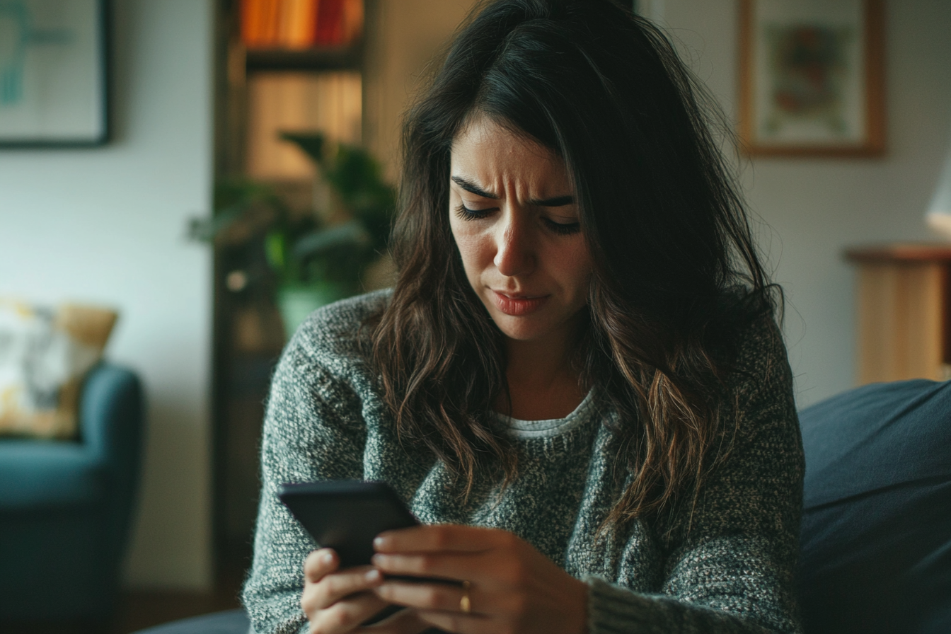 Mujer angustiada usando su smartphone | Fuente: Midjourney