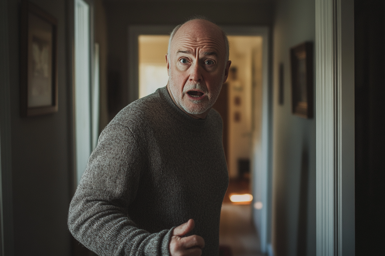 Hombre de unos 60 años hablando y con cara de disgusto en el pasillo de una casa | Fuente: Midjourney