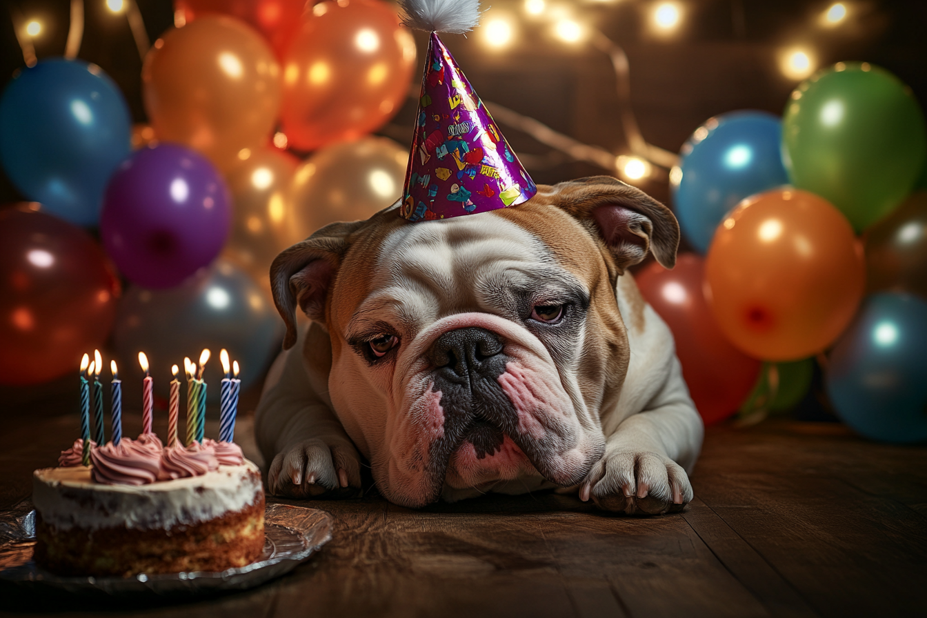 Un Bulldog con sombrero de fiesta tumbado junto a una tarta de cumpleaños | Fuente: Midjourney