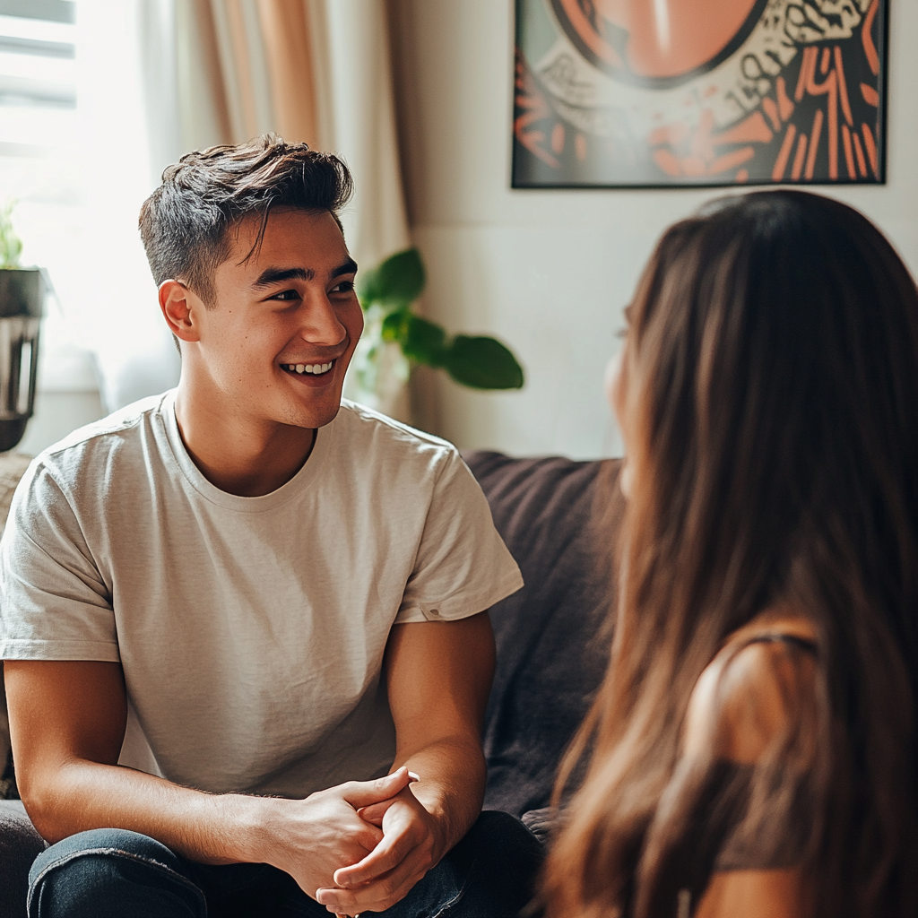 Un hombre sonriente hablando con una mujer | Fuente: Midjourney