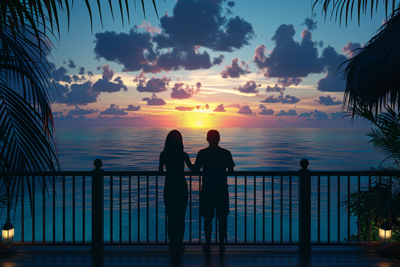 Silueta de una pareja admirando la puesta de sol junto al mar | Fuente: Midjourney